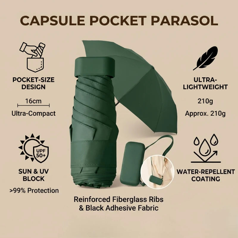 Mini UV-Resistant Folding Umbrella with Capsule Case & Strap Folding Travel Umbrella Qst