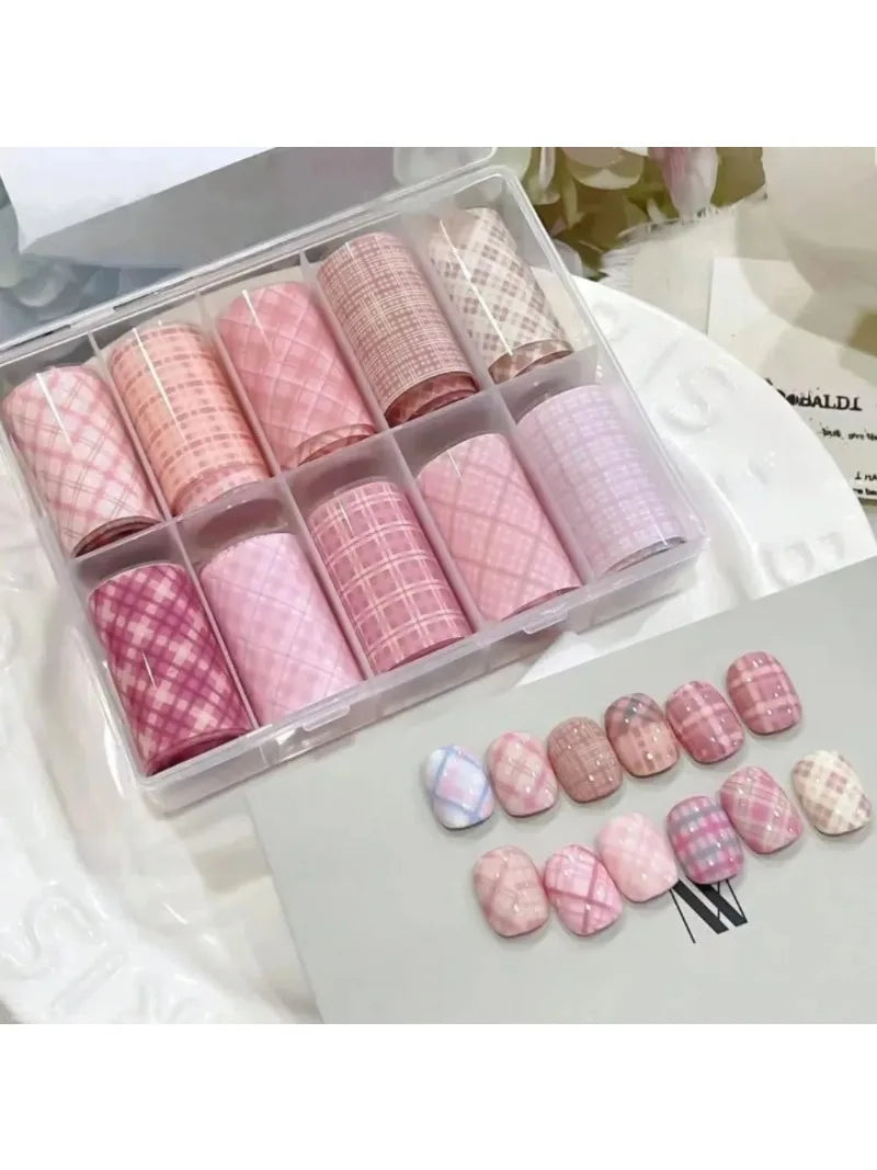 Nail Art Foil Transfer Paper Pink Grid Stamping Stickers Nail Art Stickers Qme Pink Plaid-10PCS