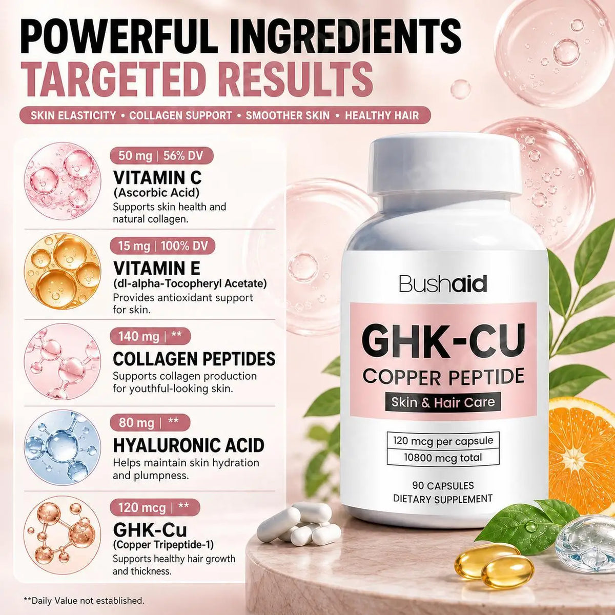 BushAid GHK-Cu Copper Peptide Capsules + Vitamins C & E – 90ct Beauty Supplement Capsules Qst