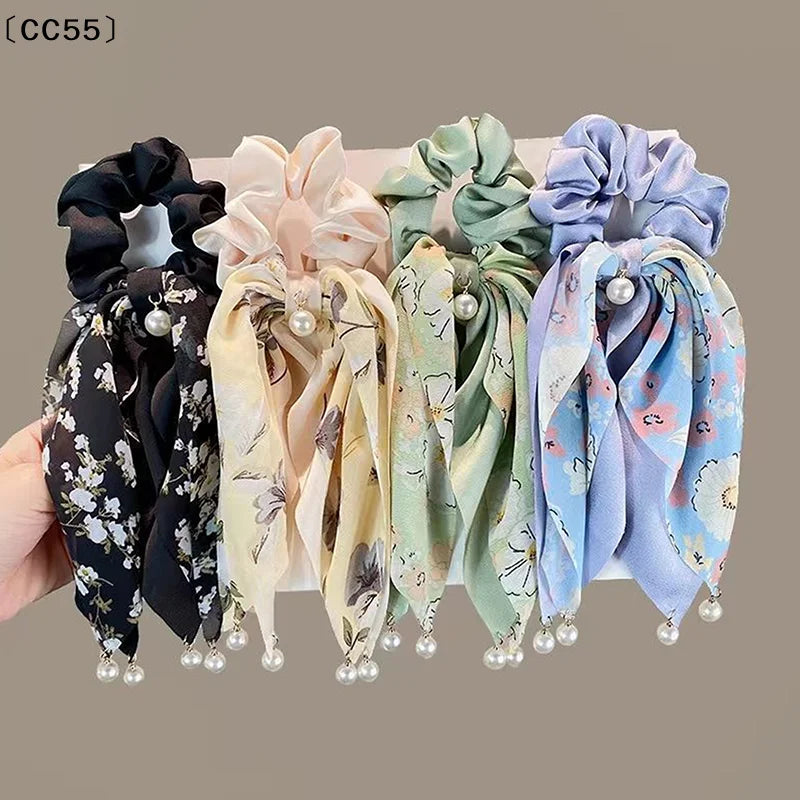 Chiffon Floral Hair Scrunchie – Vintage Ponytail Scarf Tie Hair Scrunchie Qst