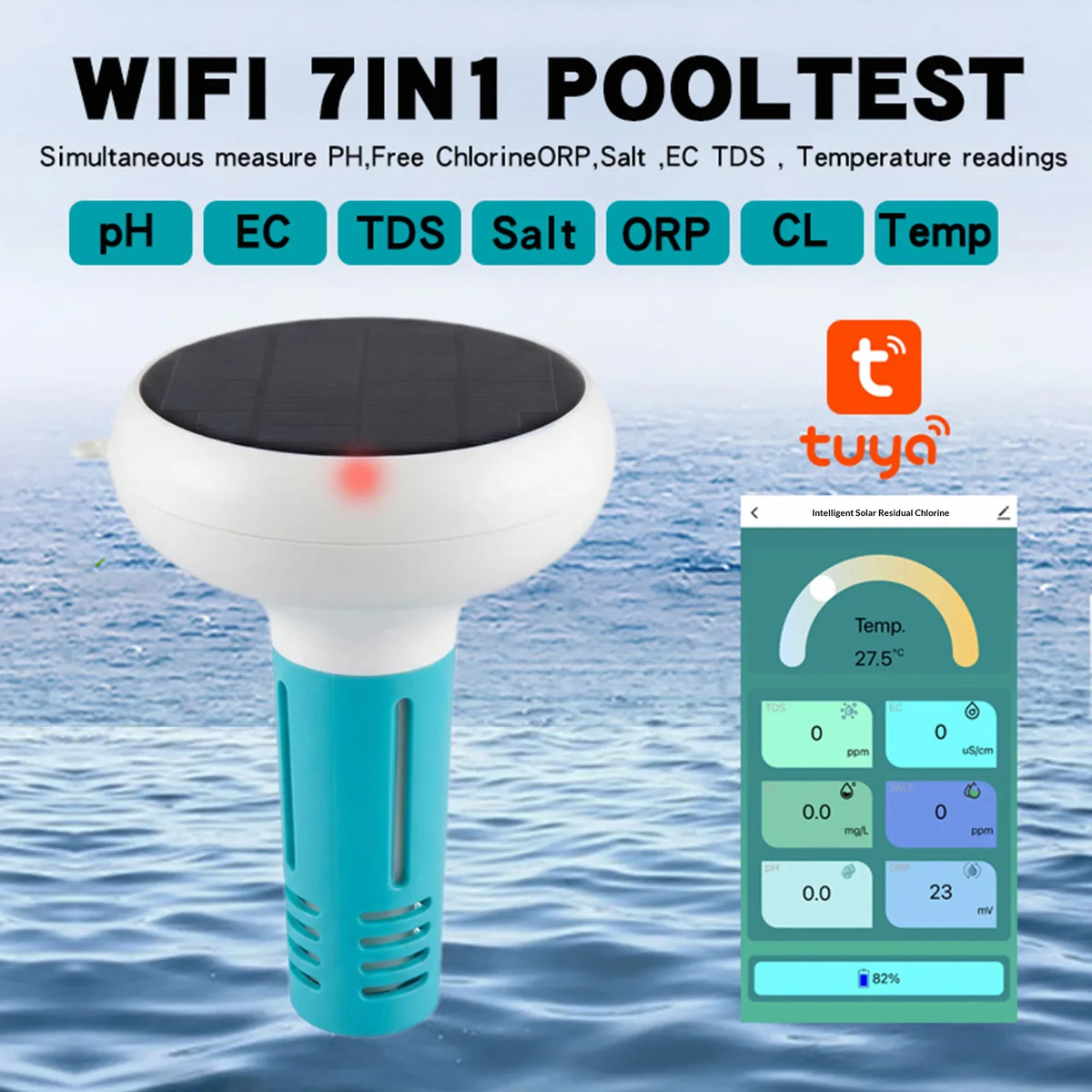 7-in-1 Wireless Floating Pool Water Tester – pH EC ORP TDS Pool Water Tester Qme