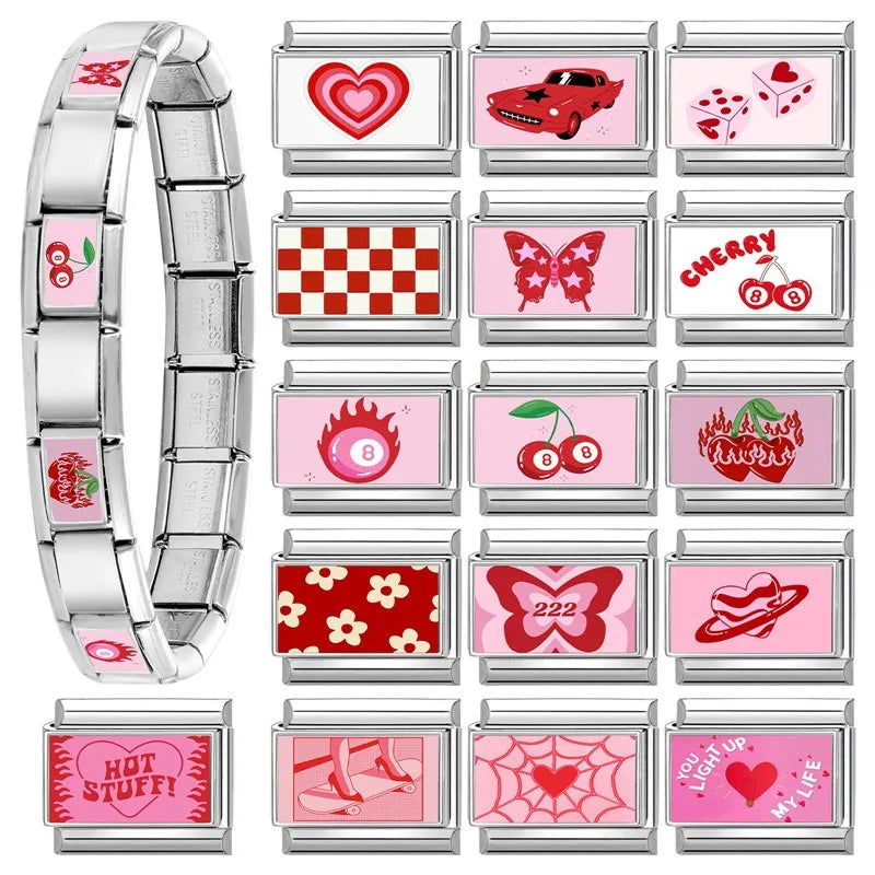 Italian Charm Link Bracelet – Rabbit, Cats, Hearts & Flowers Italian Charm Bracelet Qme