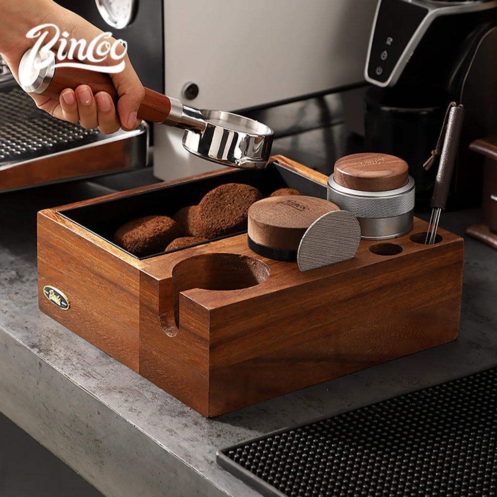 Walnut Espresso Knock Box & Tamping Station 51/58mm | Bincoo Espresso Tamping Station Qst