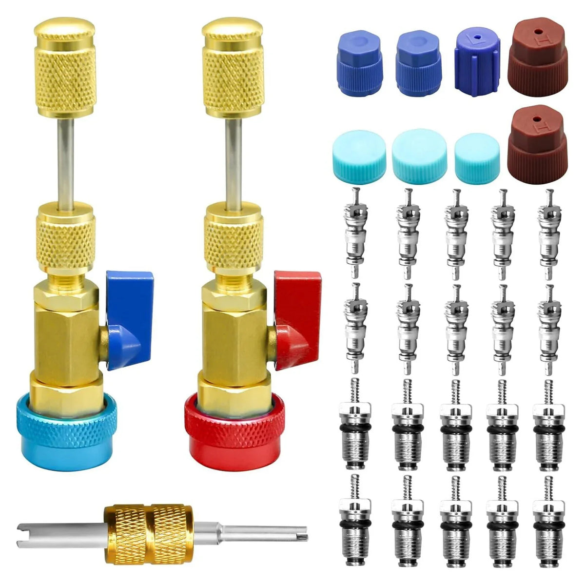 R134A Valve Core Removal Tool Set – 31-Piece AC Service Kit AC Valve Core Tool Set Qme 1 Set