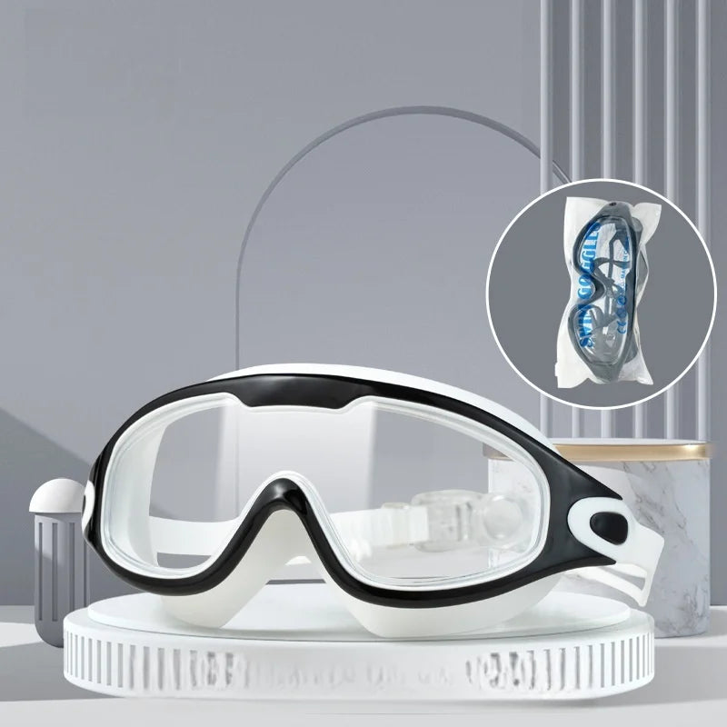 Wide-Frame Silicone Swimming Goggles – Anti-UV Anti-Fog Swimming Goggles Qst Black White