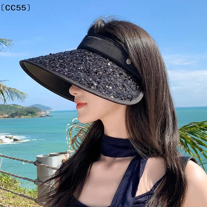 Sequin Wide Brim Sun Visor Hat – UPF 30+ Foldable Open Top Sun Visor Hat Qst