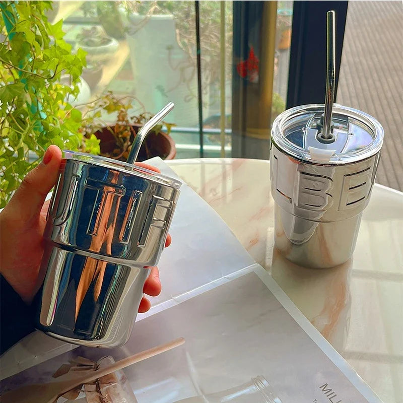 Mirrored Glass Coffee Cup with Lid & Straw – 420ml Glass Coffee Cup Qme