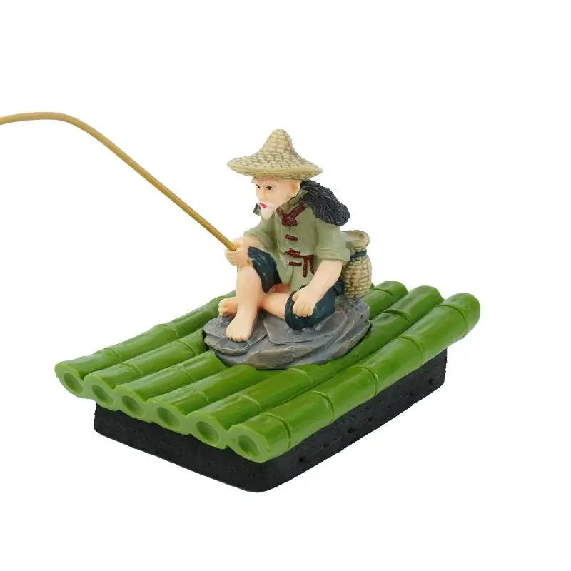 Bamboo Raft Fisherman Figurine | PVC Garden & Aquarium Statue Garden Figurine Qme