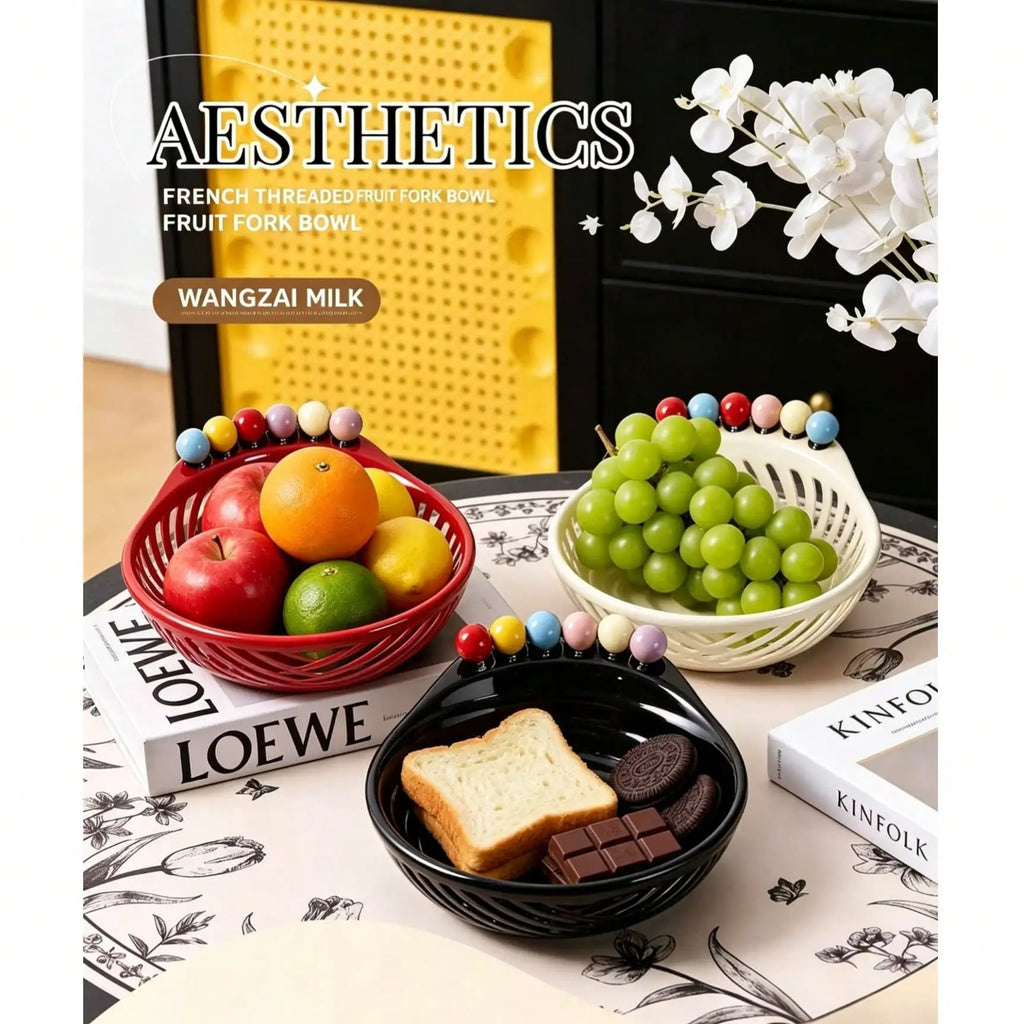 Large Stainless Steel Fruit Bowl Set with 6 Forks | Platter Fruit Bowl Set Qme