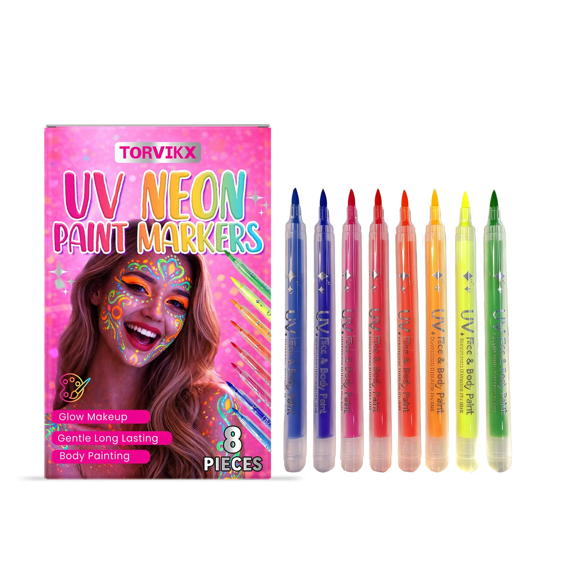 UV Glow Face & Body Paint Pens – Washable Neon Party Makeup Body Paint Pen Qst 1 set