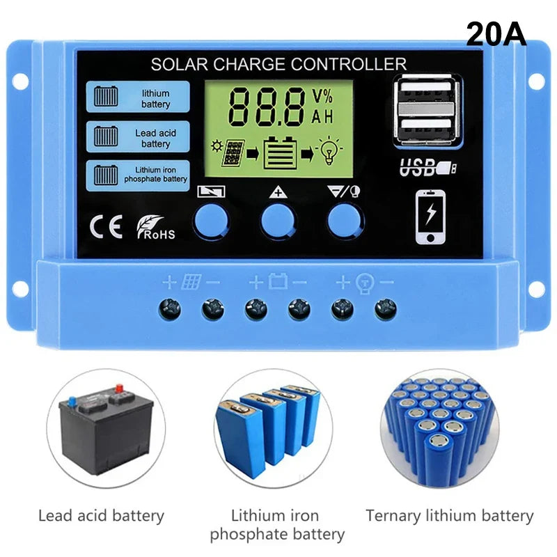 Solar Charge Controller 10A 20A 30A 12V 24V Auto LCD Display Solar Charge Controller Qme 20A