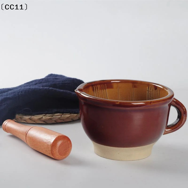 Ceramic Mortar & Pestle Set | Natural Wood Pestle, Non-Slip Base Mortar & Pestle Set Qme