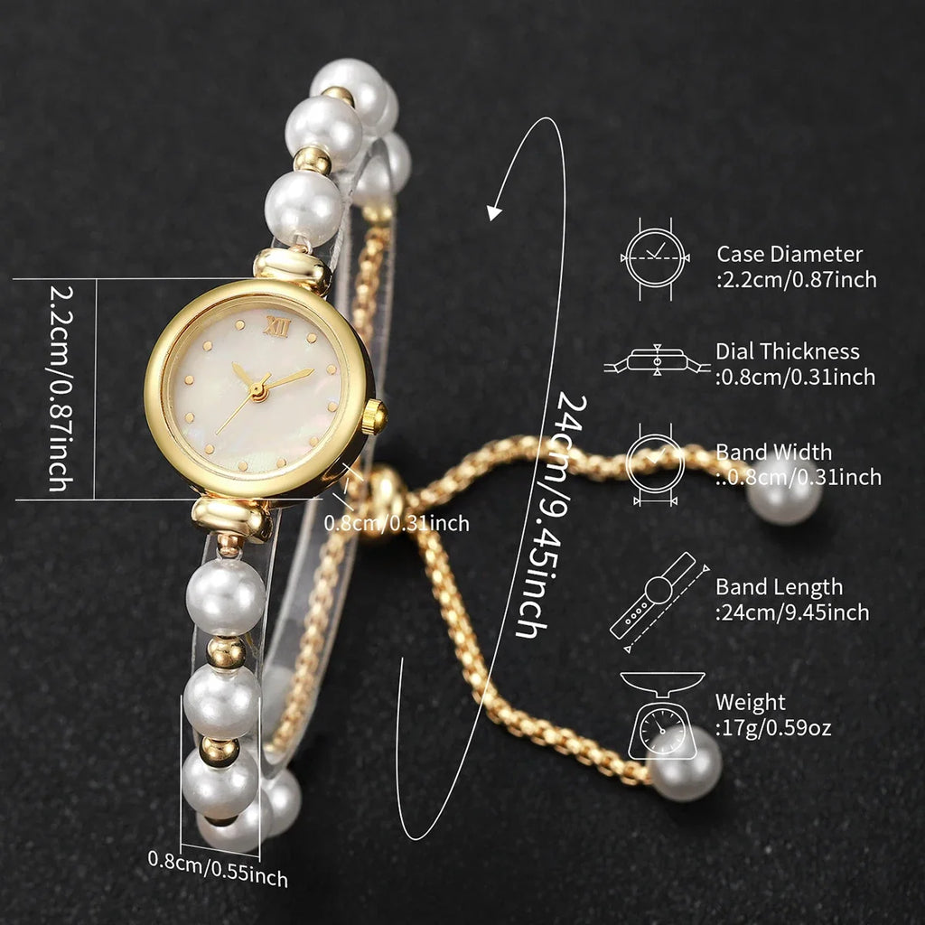 Women's Gold Pearl Band Quartz Watch | Mother-of-Pearl Dial Women's Jewelry Watch Qme