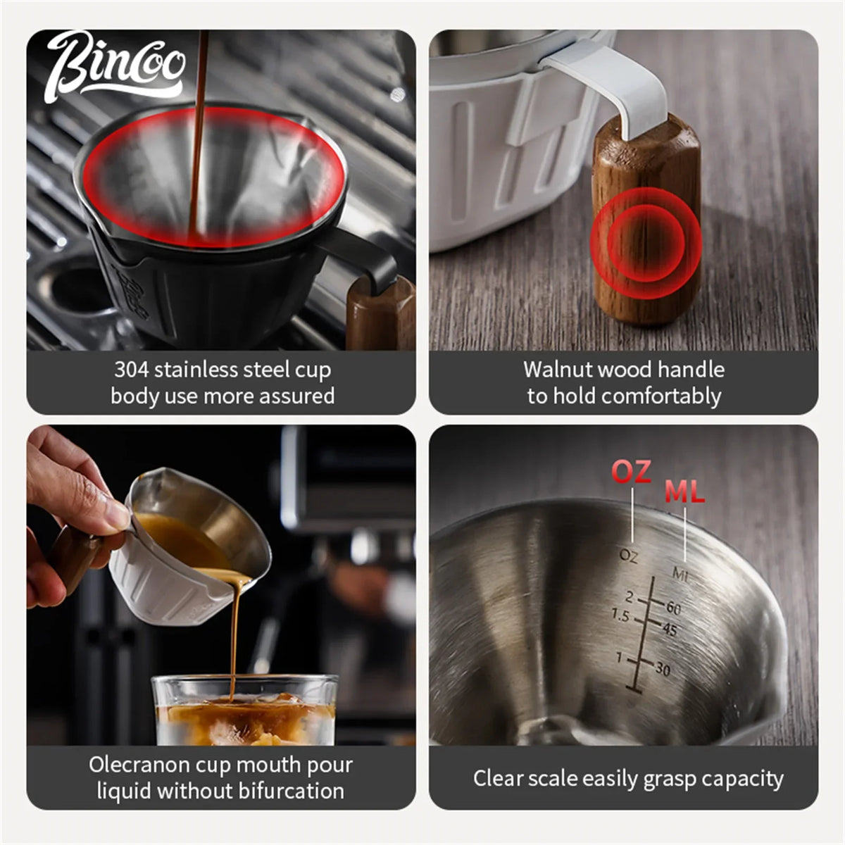 Bincoo 90ml Dual Spout Coffee Measuring Cup – Wooden Handle Coffee Measuring Cup Qst