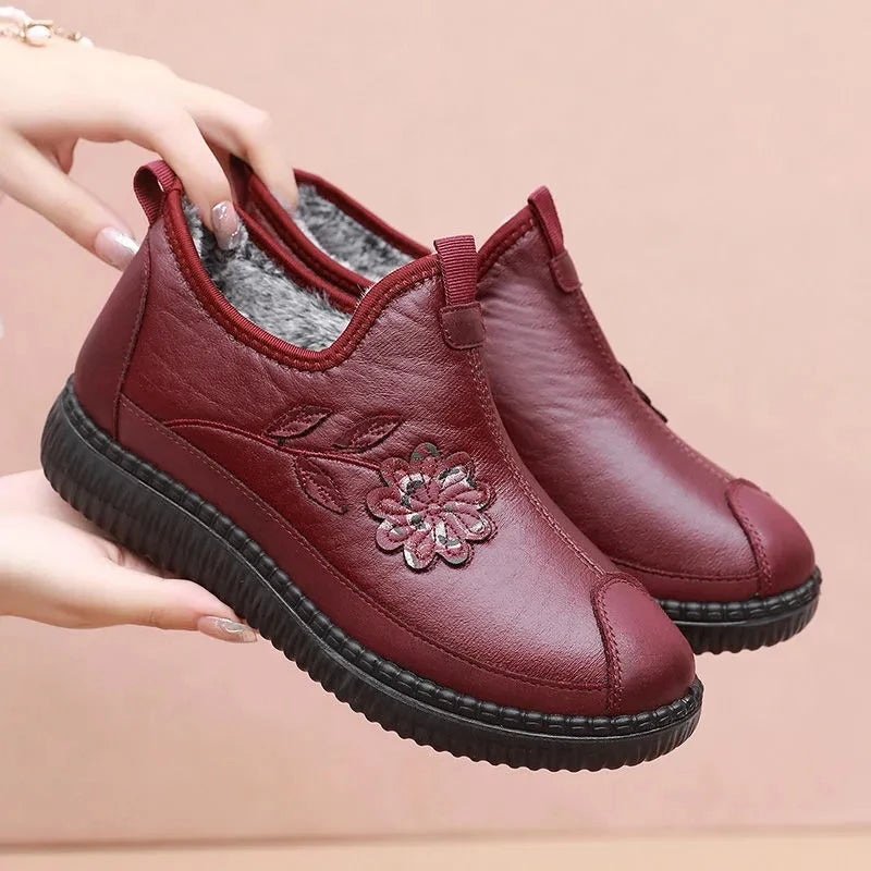 Women's Plush-Lined Slip-On Winter Ankle Boots | Waterproof Women's Ankle Boots Qst WA-244 Red (plush) CN 43Insole 26.5 cm