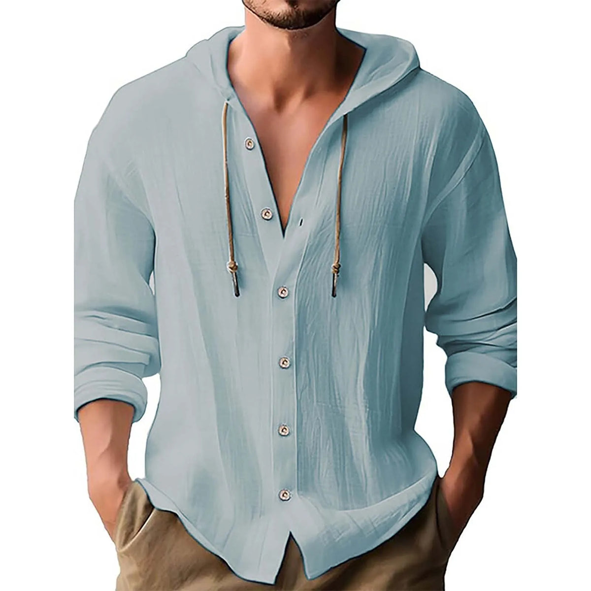 Men's Hooded Long Sleeve Cotton Linen Casual Shirt | Drawstring Hooded Casual Shirt Qme