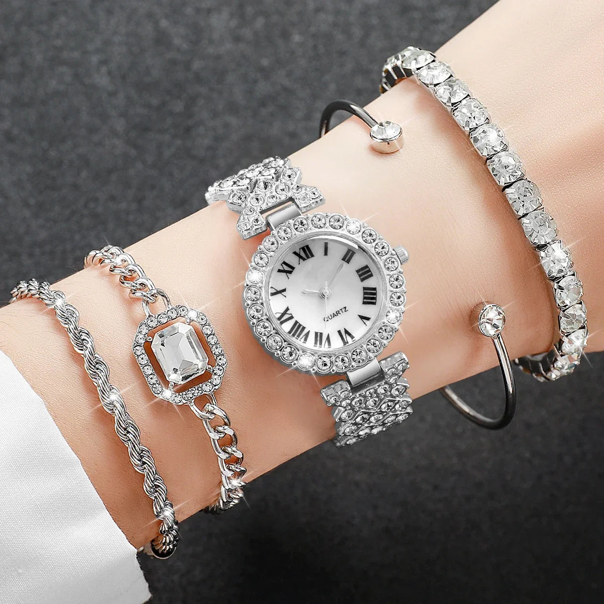 Women's Rhinestone Quartz Watch & Crystal Bracelet Set Crystal Bracelet Watch Qme Silver Set