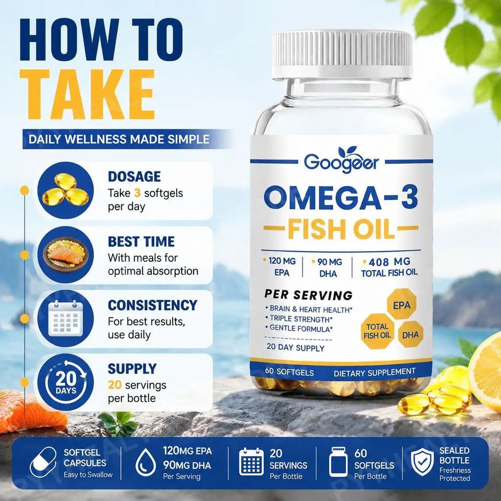 Googeer Omega 3 Fish Oil Softgels – EPA & DHA, 60 Count Omega-3 Supplement Qst