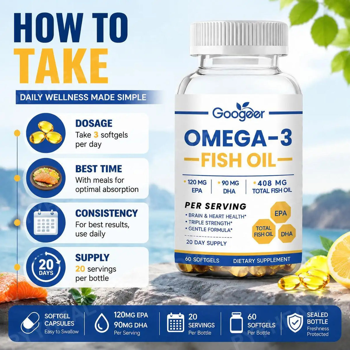 Googeer Omega 3 Fish Oil Softgels – EPA & DHA, 60 Count Omega-3 Supplement Qst