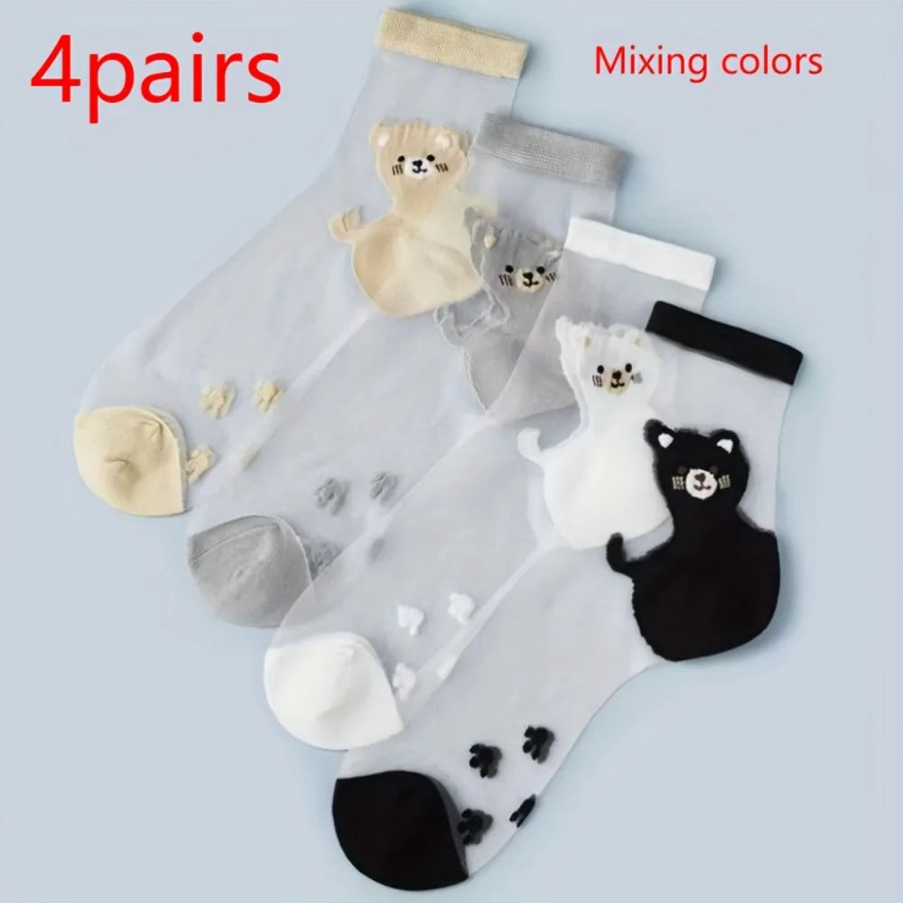 Women's Bear Pattern Sheer Crystal Silk Ankle Socks Sheer Novelty Socks Qme Mixing color-4pairs One Size