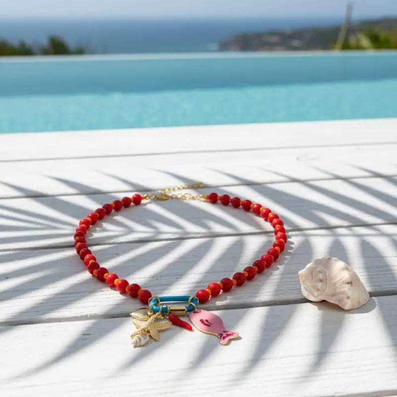 Summer Beaded Layered Necklace – Starfish & Fish Charms Beaded Layered Necklace Qst