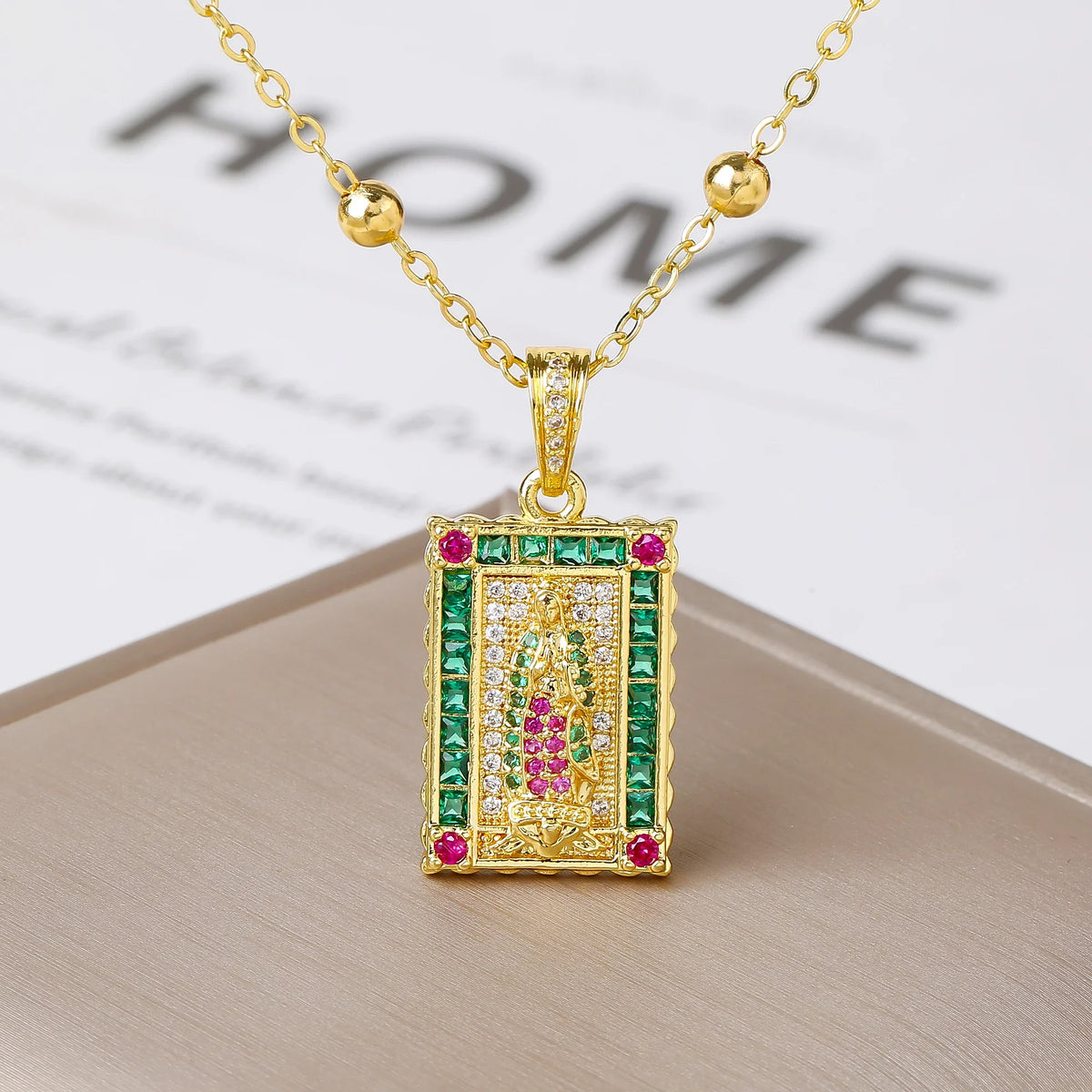 Zirconia Virgin Mary Pendant Necklace | Gold Plated CZ Religious Pendant Necklace Qme 2