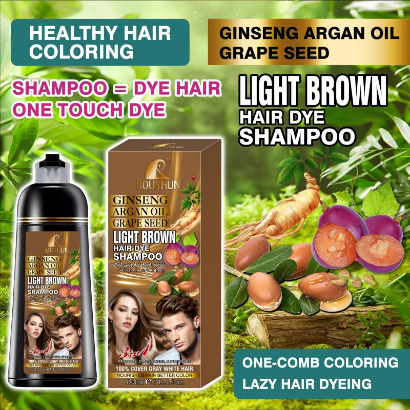 ROUSHUN 420ml Light Brown Hair Dye Shampoo – Ginseng & Ginger Hair Dye Shampoo Qst
