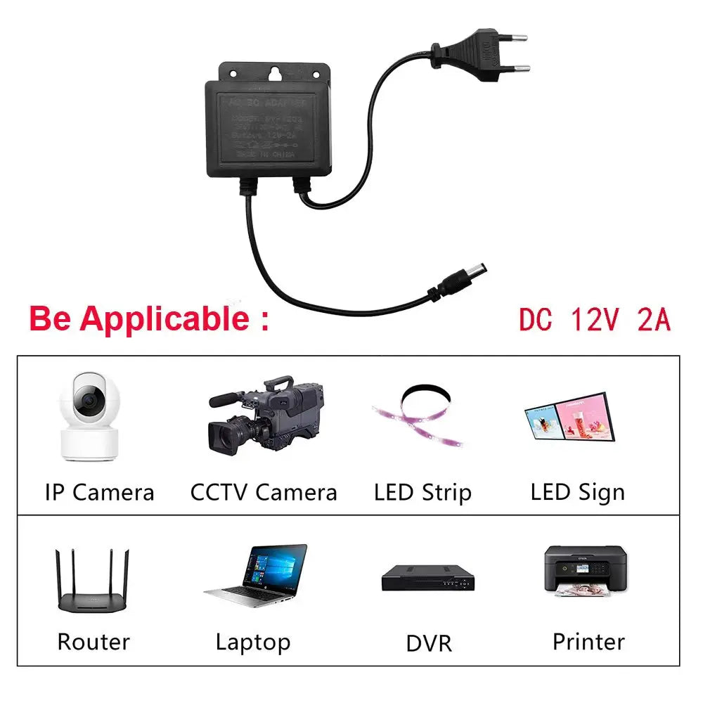 DC 12V 2A Waterproof Power Adapter for CCTV Security Cameras Power Adapter Qst