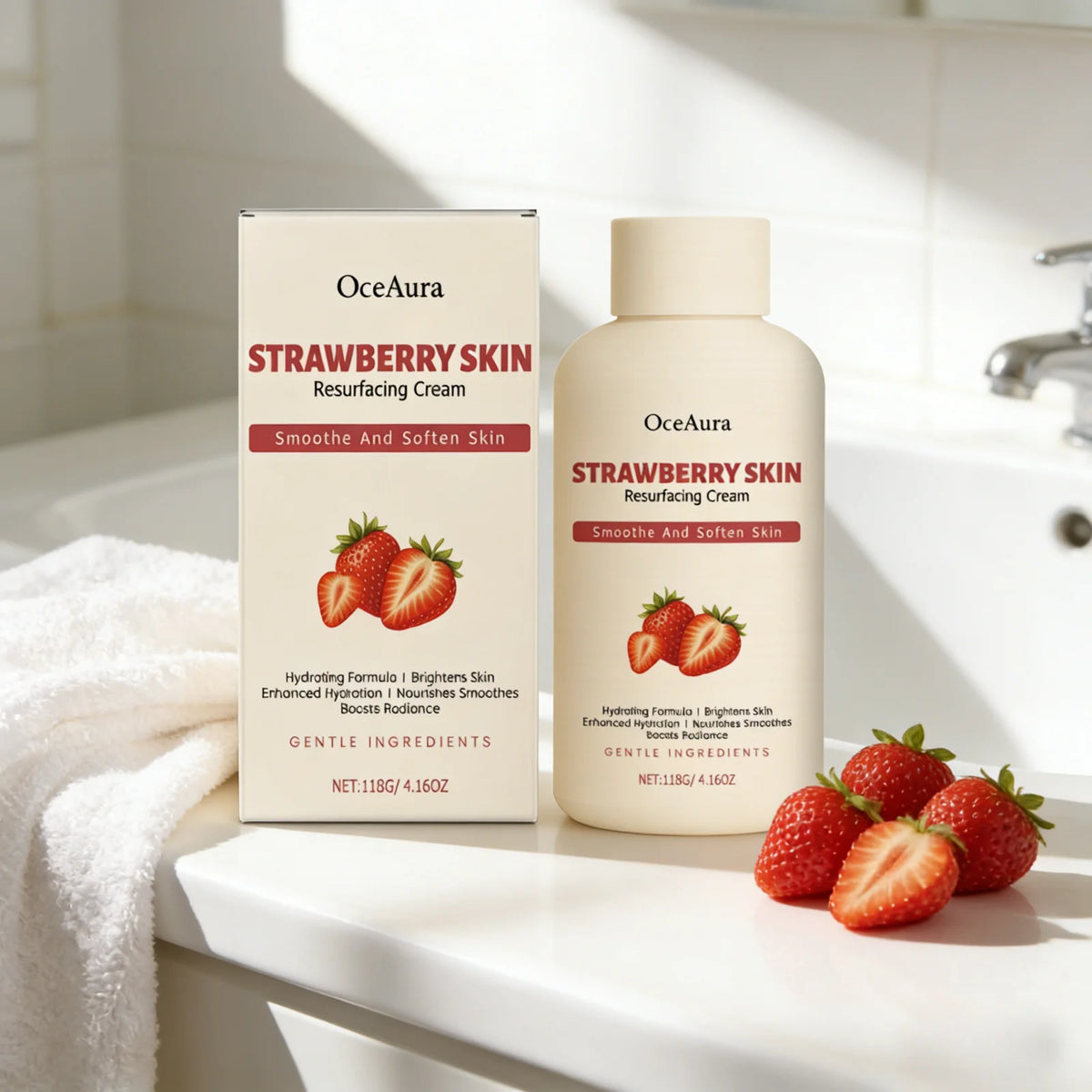 OceAura Strawberry Body Cream – AHA BHA Glycolic Salicylic Acid Body Exfoliating Cream Qst