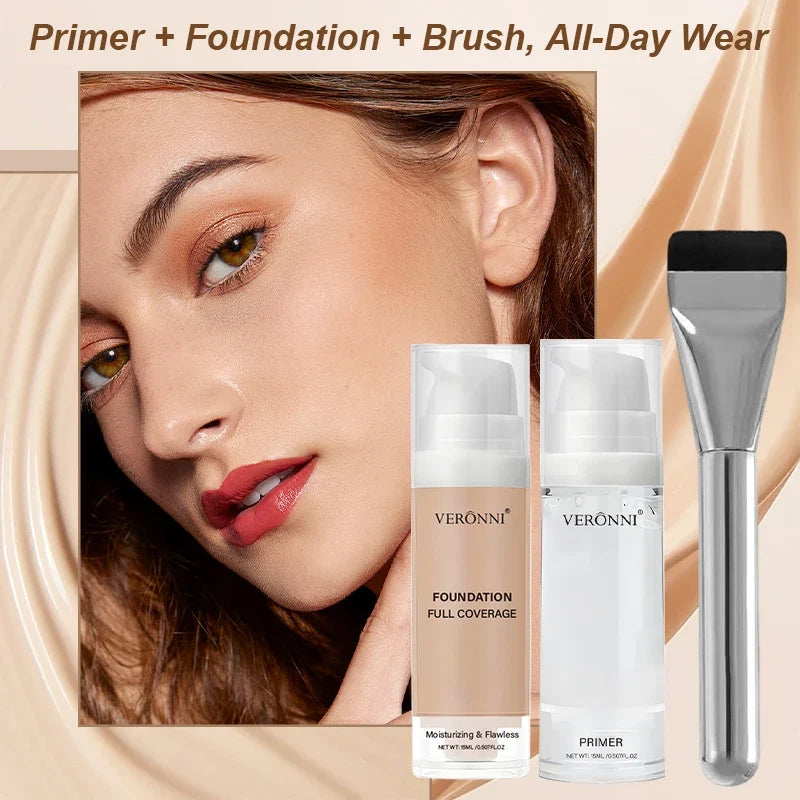 VERONNI Full Coverage Foundation & Hydrating Primer with Brush Foundation & Primer Kit Qme