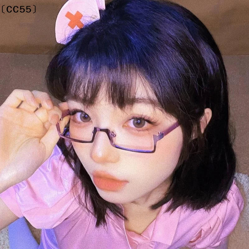 Y2K Anime Half-Frame Glasses – Square Cosplay Eyeglasses Decorative Eyeglasses Qst