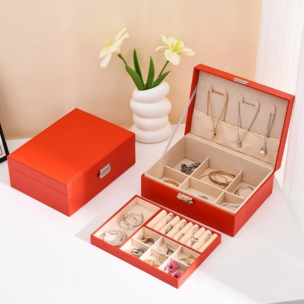 Double-Layer Locking Jewelry Box | PU Leather Organizer Jewelry Storage Box Qme