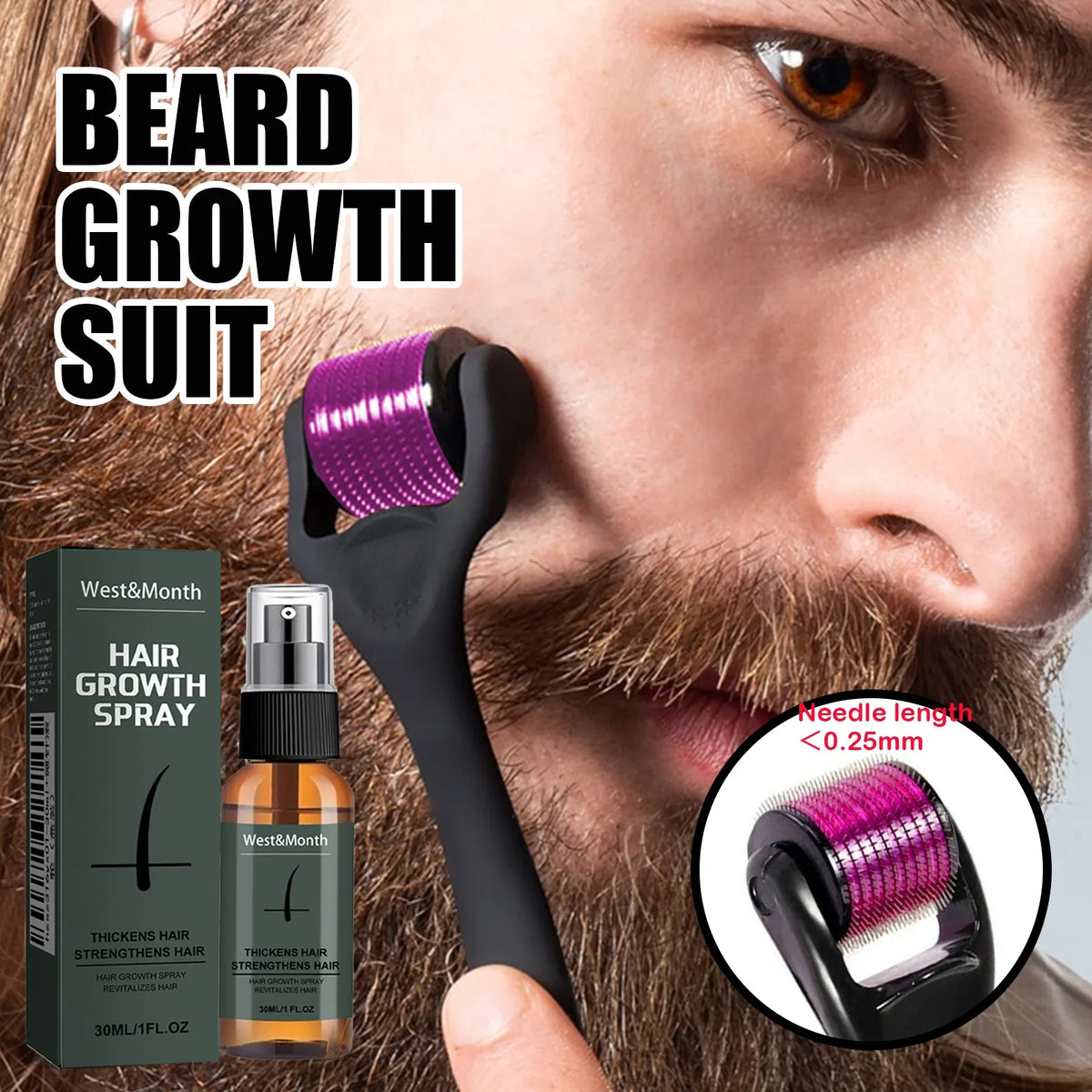 Men's Beard Spray & Micro Roller Moisturizing Thickening Kit Beard Care Kit Qme