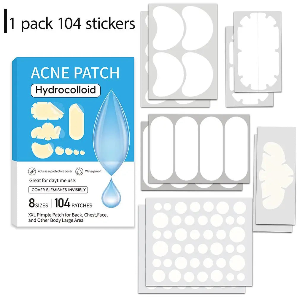 Hydrocolloid Pimple Patches Bulk – 5 Sizes for Face & Body Acne Pimple Patches Qme 104pcs