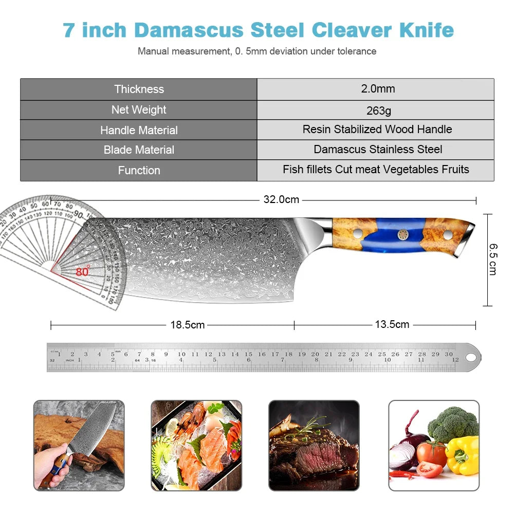 7.5" Damascus Steel Cleaver Knife – Stabilized Wood Handle Damascus Cleaver Knife Qst
