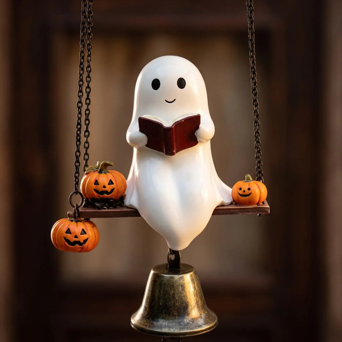 Halloween Ghost Doorbell Ornament – Vintage Resin Hanging Bell Halloween Door Ornament Qme