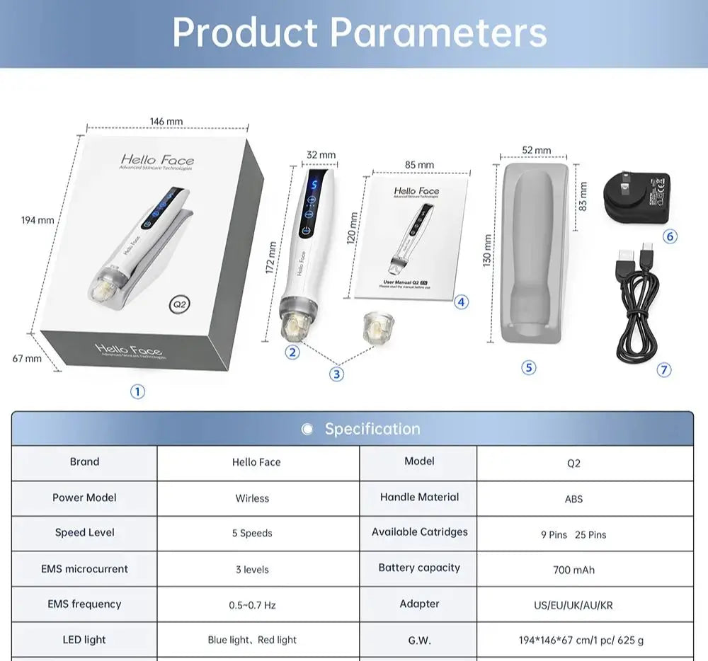 Hello Face Q2 Wireless Microneedling Pen – EMS, LED & 12 Cartridges Microneedling Pen Qst