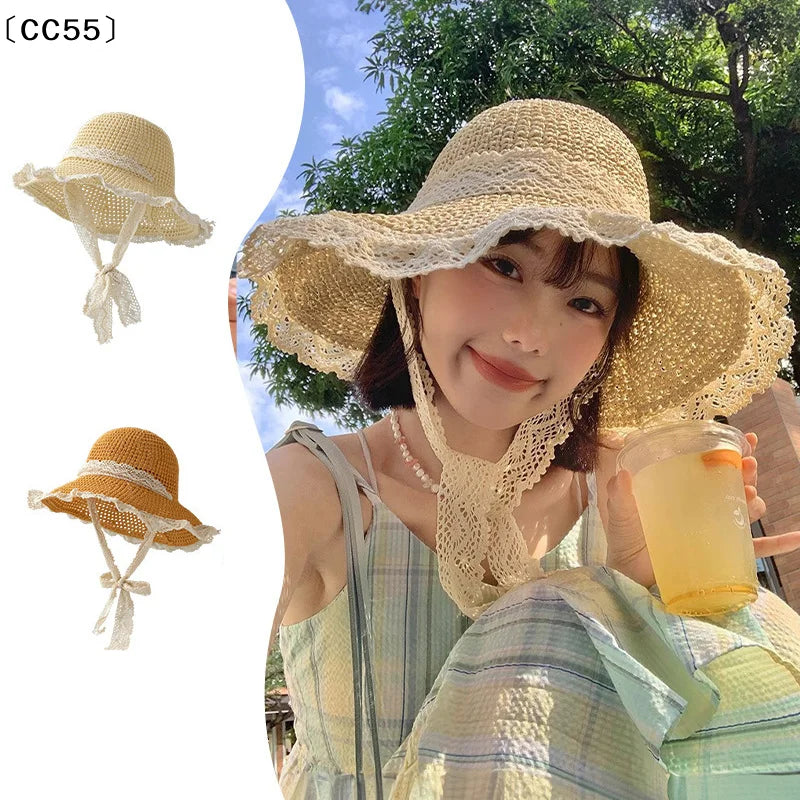 Women's Foldable Wide Brim Lace Straw Beach Sun Hat Wide Brim Sun Hat Qst