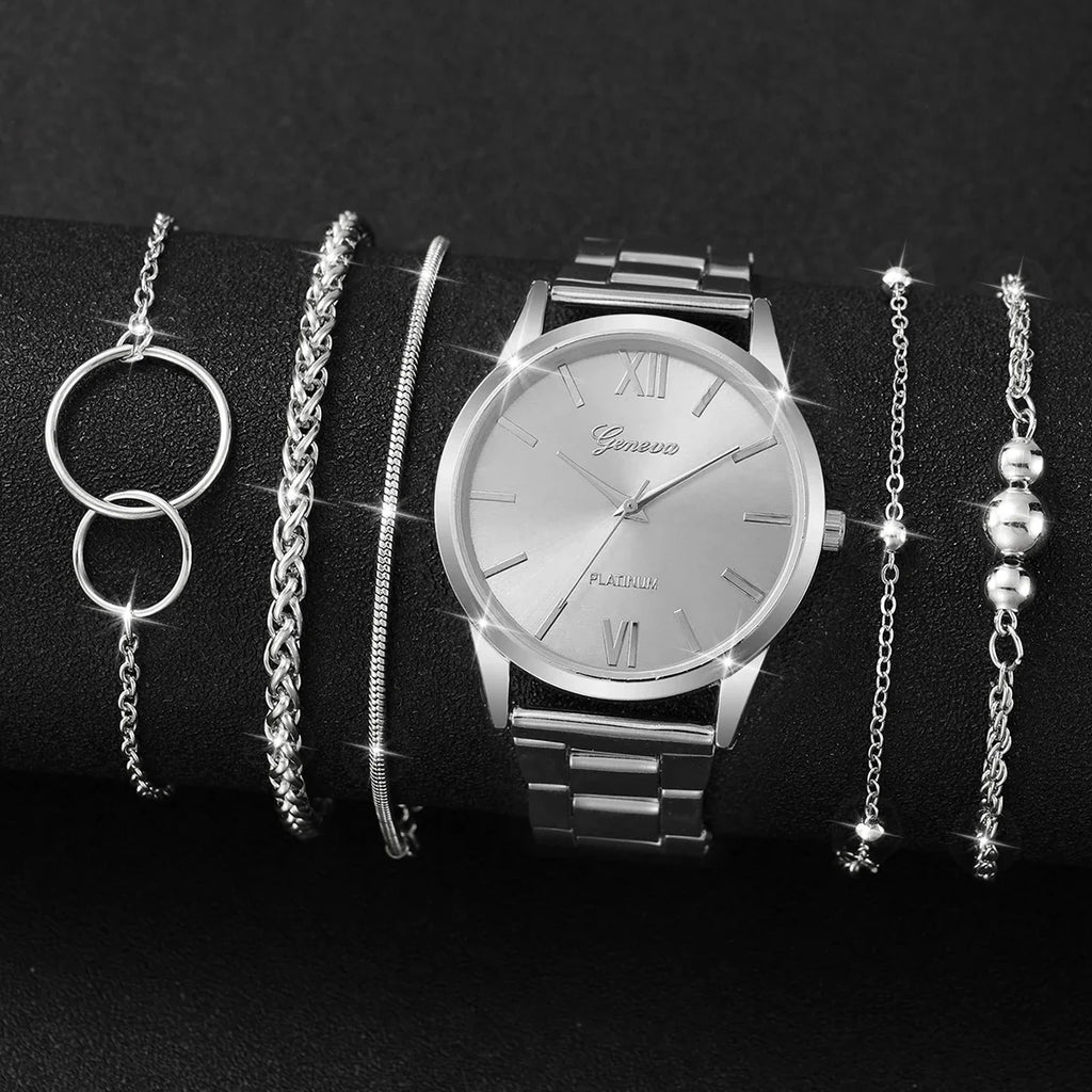 Women's Roman Dial Quartz Watch & Silver Alloy Bracelet Set Quartz Watch Set Qme