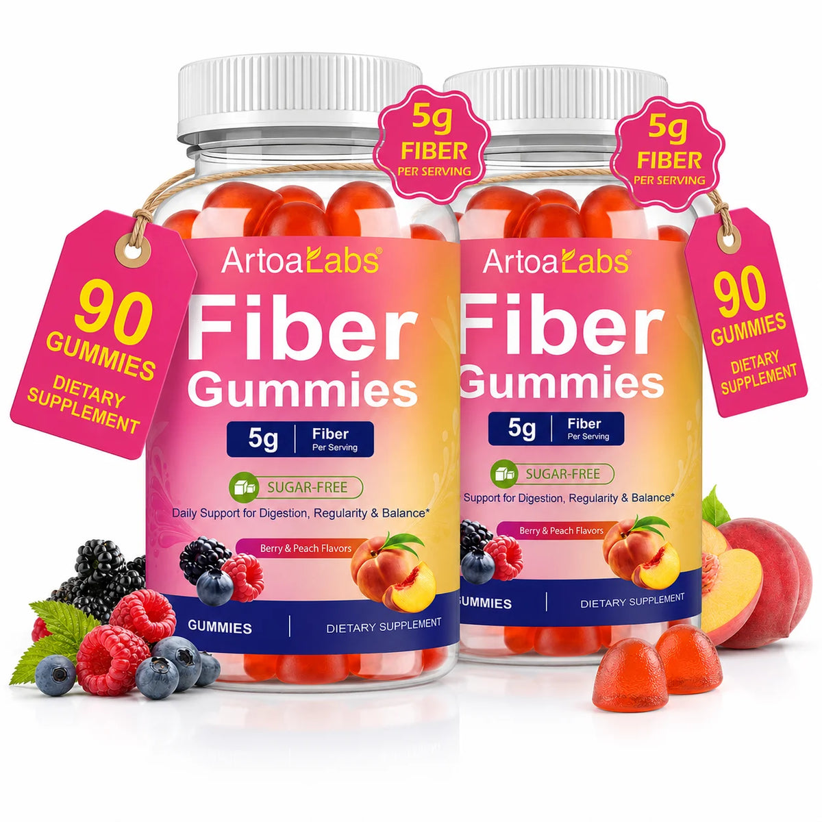 Sugar-Free Fiber Gummies 5g Dietary Fiber Berry Peach Vegan 90ct Fiber Supplement Gummies Qst 2 bottles 90 Gummies