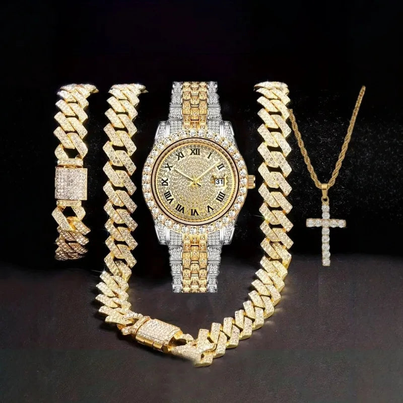 Hip Hop Diamond Watch, Bracelet & Necklace Set – 10 Colors Hip Hop Watch Set Qme
