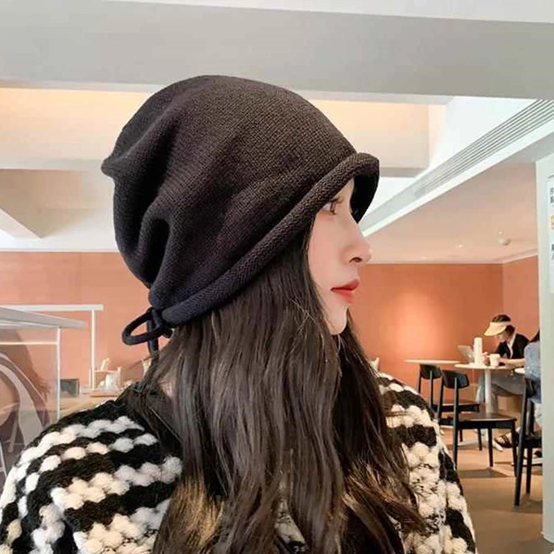 Women's Knitted Drawstring Beanie – Warm Pile Hat Curled Brim Knitted Winter Beanie Qst