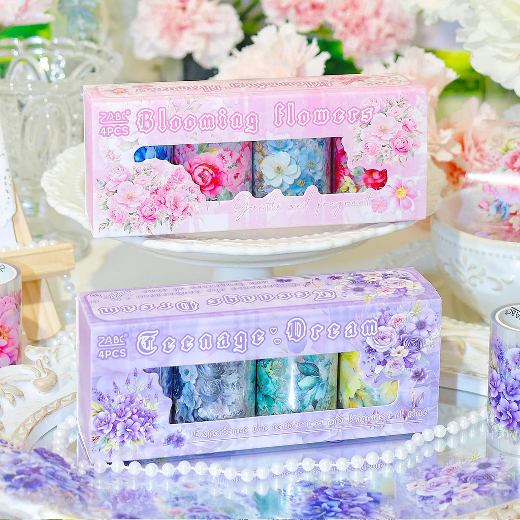 4-Roll Laser Flower Japanese PET Decorative Masking Tape Set Decorative Craft Tape Qme