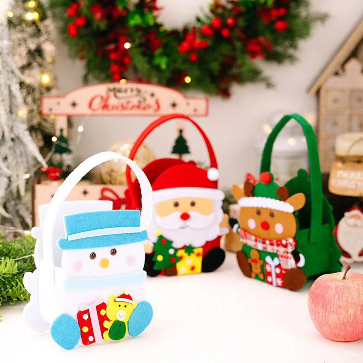 Christmas Party Favor Bags with Handle – Set of 3 Fabric Baskets Holiday Favor Bags Qme