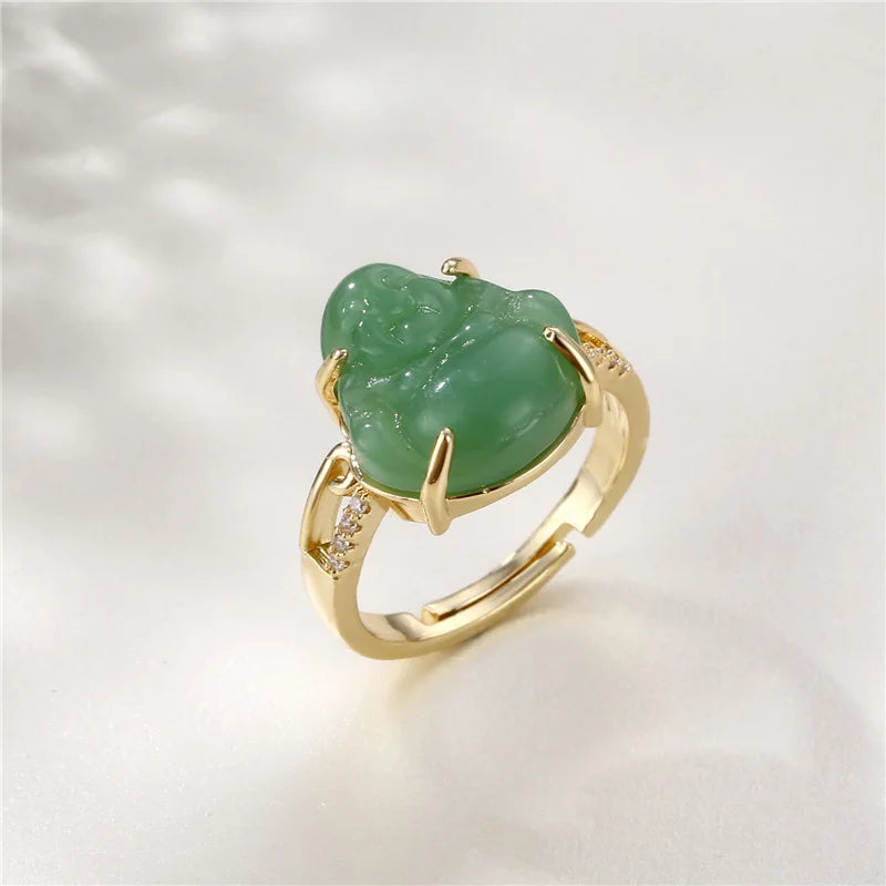 Maitreya Buddha Natural Jade Ring – Adjustable Unisex Natural Stone Ring Qme