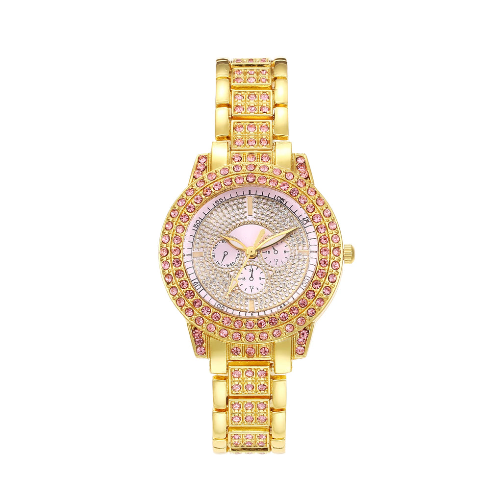 Glam Pink Crystal Rhinestone Gold Ladies Quartz Watch Ladies Fashion Watch Qme