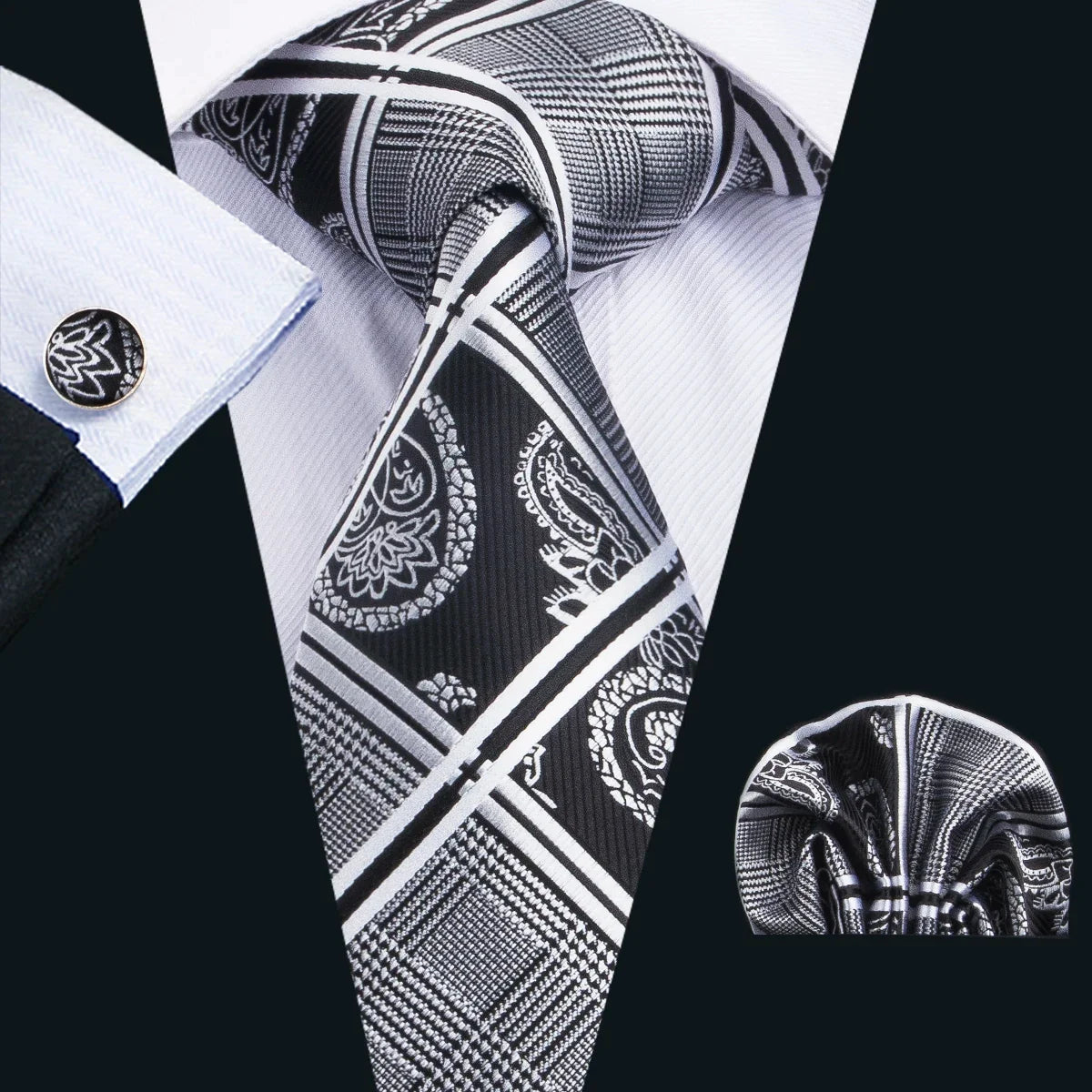 Barry Wang Black Geometric Silk Necktie & Handkerchief Set Necktie & Handkerchief Set Qme 1659