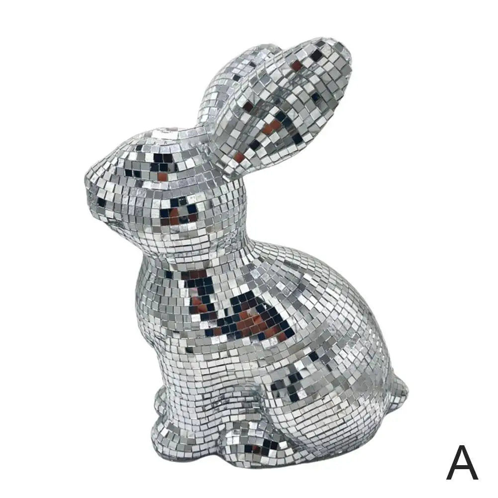 Mirror Disco Ball Bunny Figurine | Easter Rabbit Desk Ornament Decorative Figurine Qme A