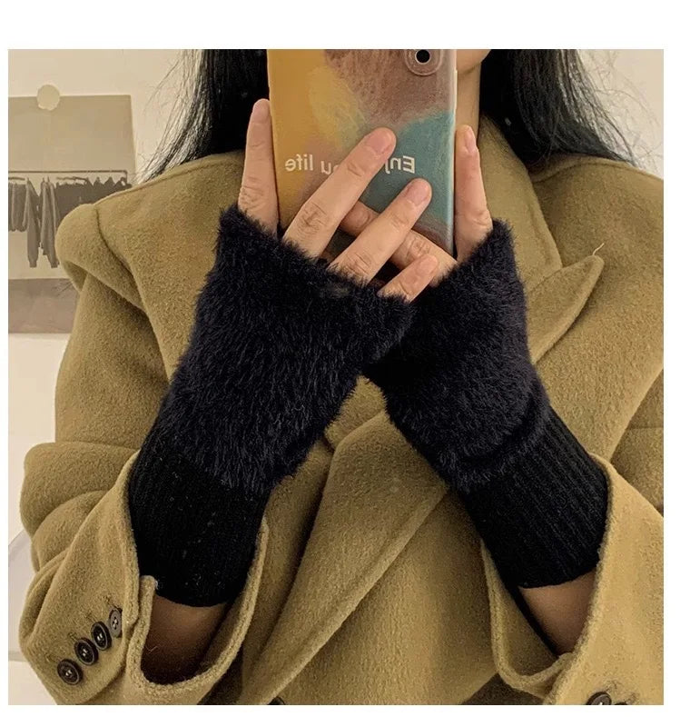 Women's Knitted Fingerless Gloves – Soft Plush Half-Finger Fingerless Gloves Qst black One Size