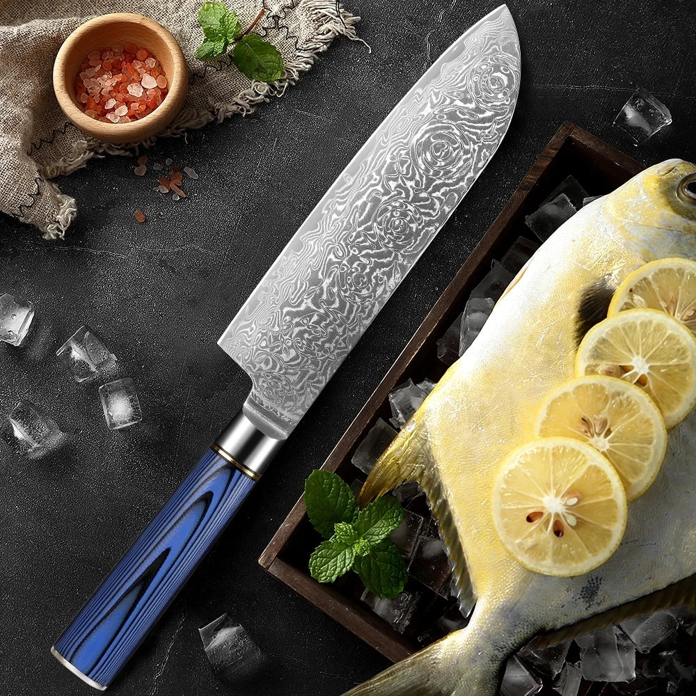 XITUO Damascus Steel Kitchen Knife Set – Blue G10 Handle Damascus Knife Set Qst